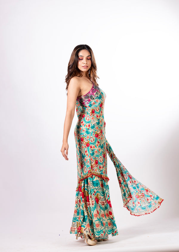 One-Shoulder Draped Dress with sharrara