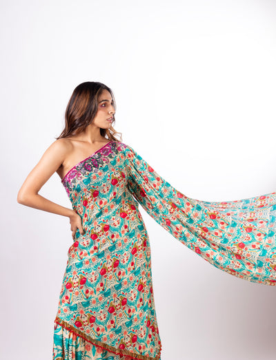 One-Shoulder Draped Dress with sharrara