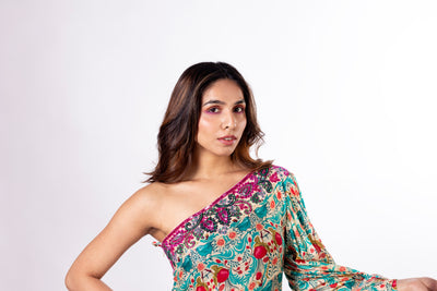 One-Shoulder Draped Dress with sharrara